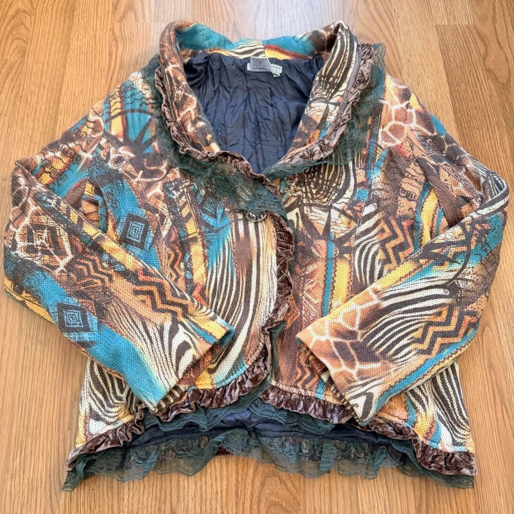 Alberto Makali Women's XL Knit Jacket Boho Tribal Print Ruffle Button Front